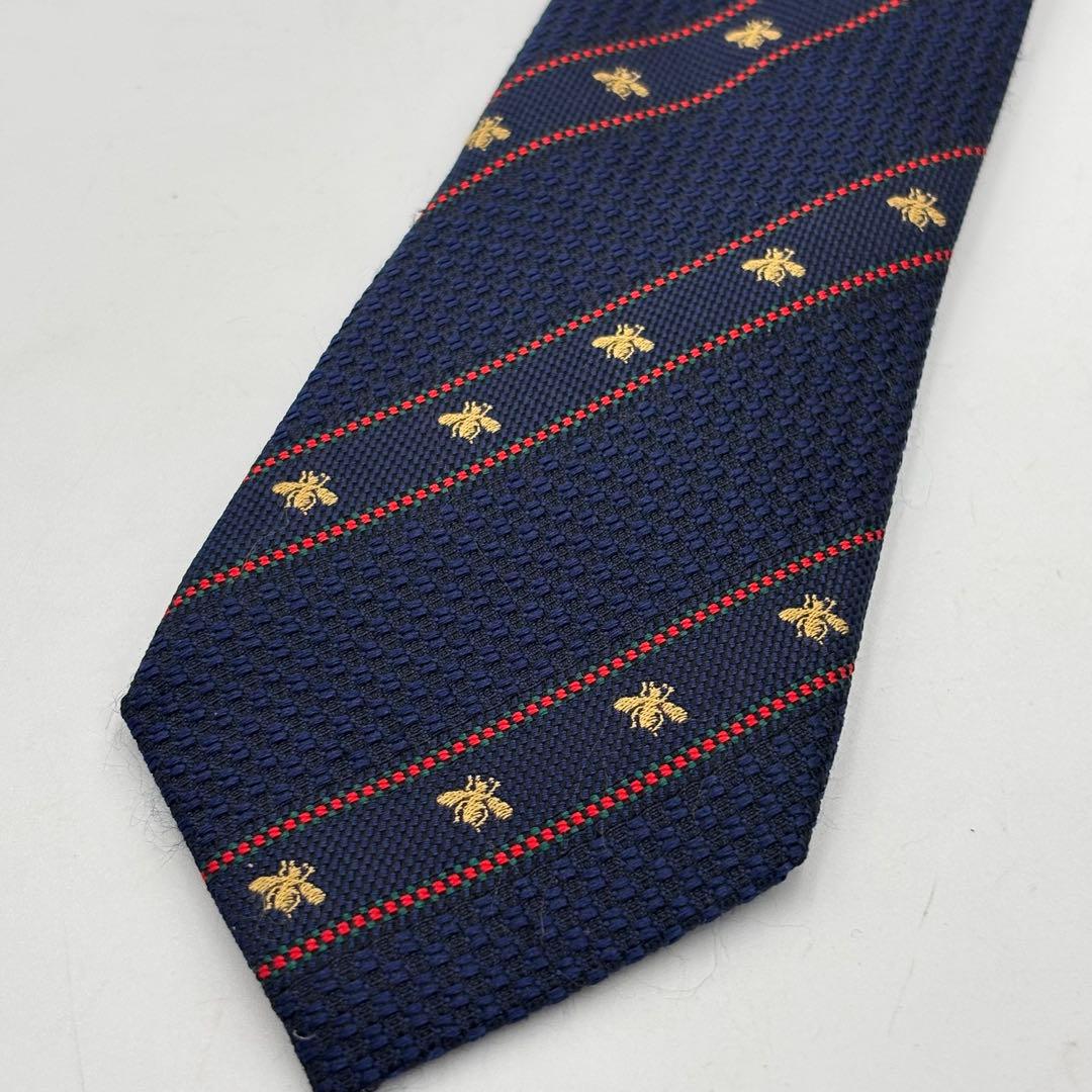 GUCCI グッチ ビー＆ウェブストライプ シルク ジャカードネクタイ ネイビー