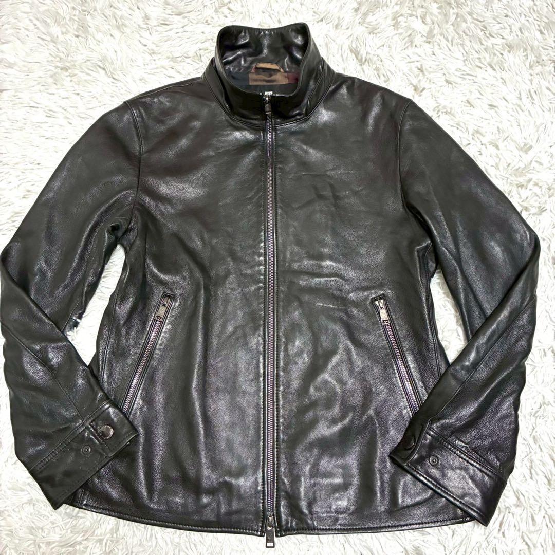 美品/L⭐️ブラックレーベルクレストブリッジ　レザージャケット　艶感　チェック　黒
