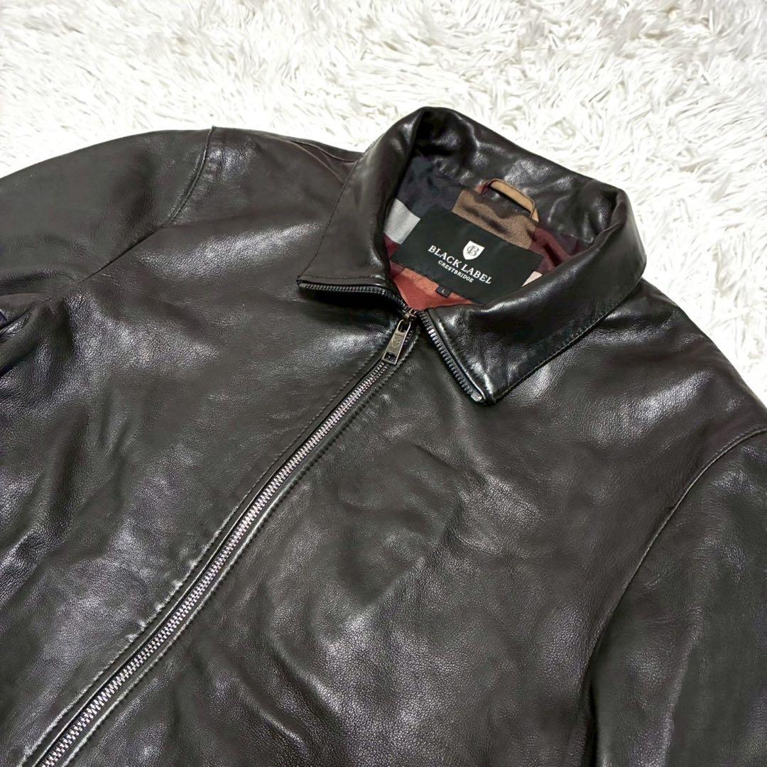 美品/L⭐️ブラックレーベルクレストブリッジ　レザージャケット　艶感　チェック　黒