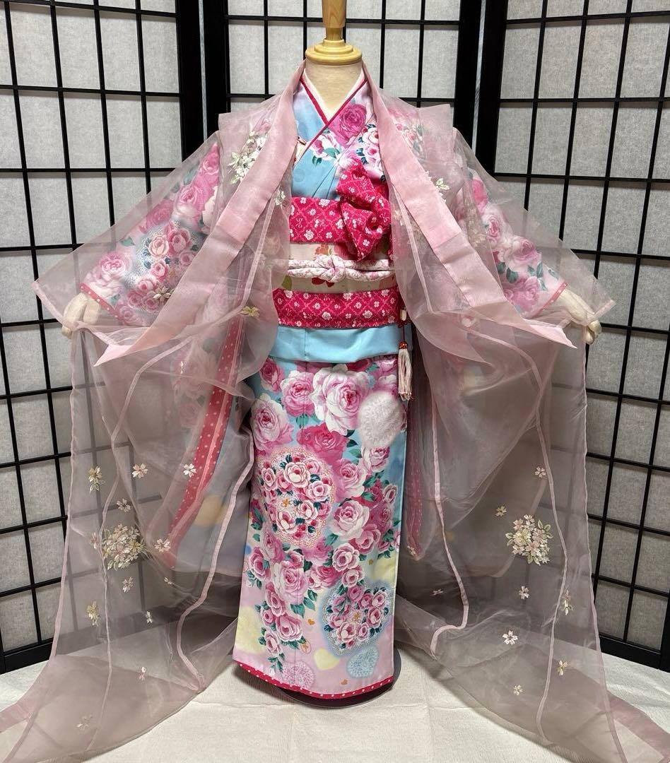 女の子　着物　羽衣　打ち掛け　オーガンジー　七五三　7歳　ハーフ成人式　ピンク色