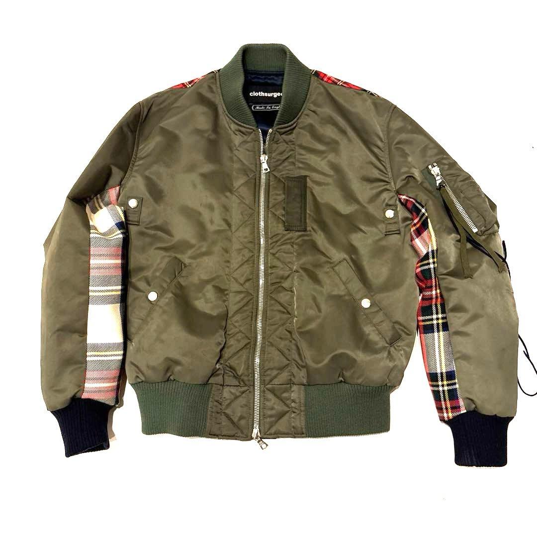 クロスサージョン チェック柄MA1フライトジャケット S イギリス製 カーキ