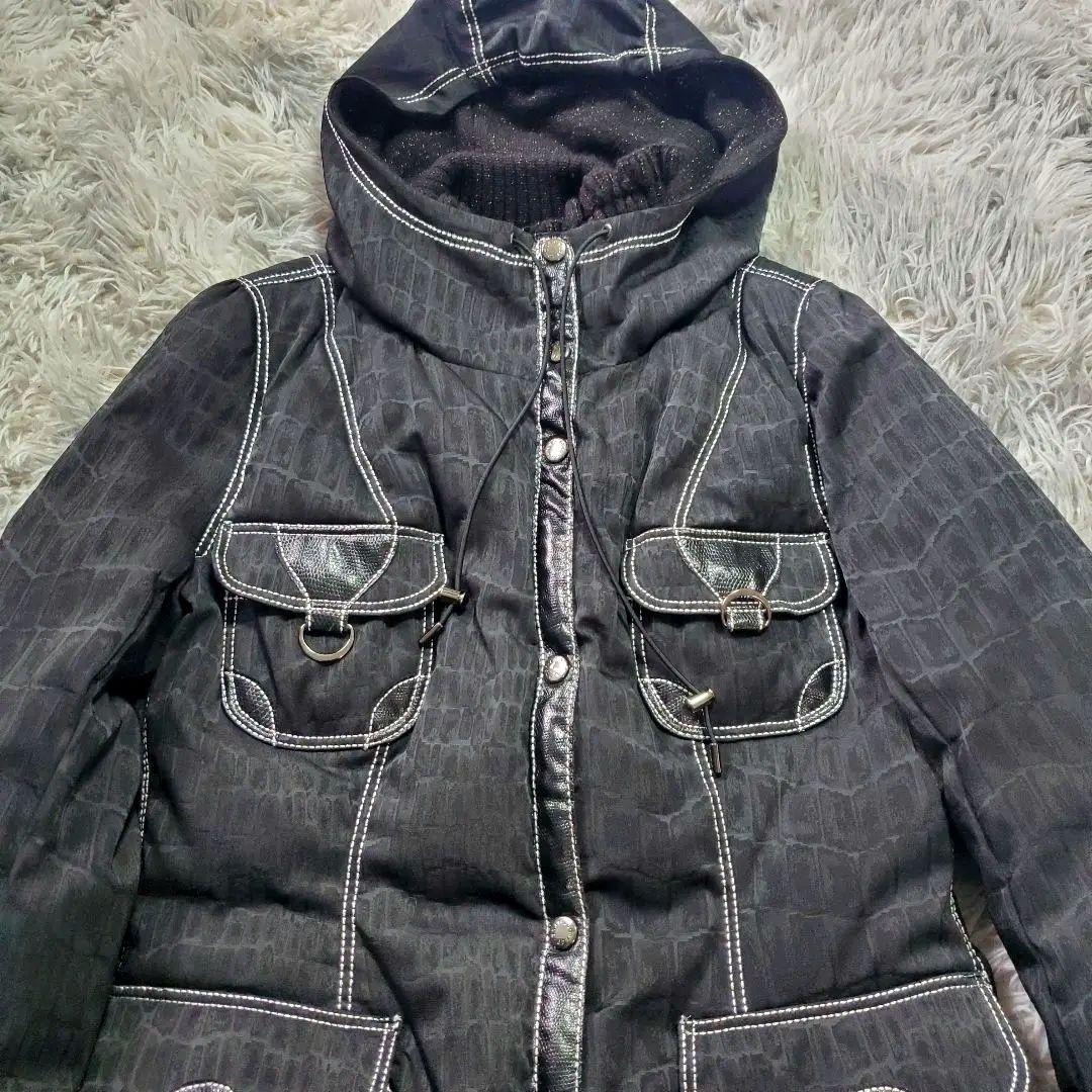 ​美品 伊太利屋 GK ダウンコート クロコ型押し ラメ 異素材 ブラック 9号