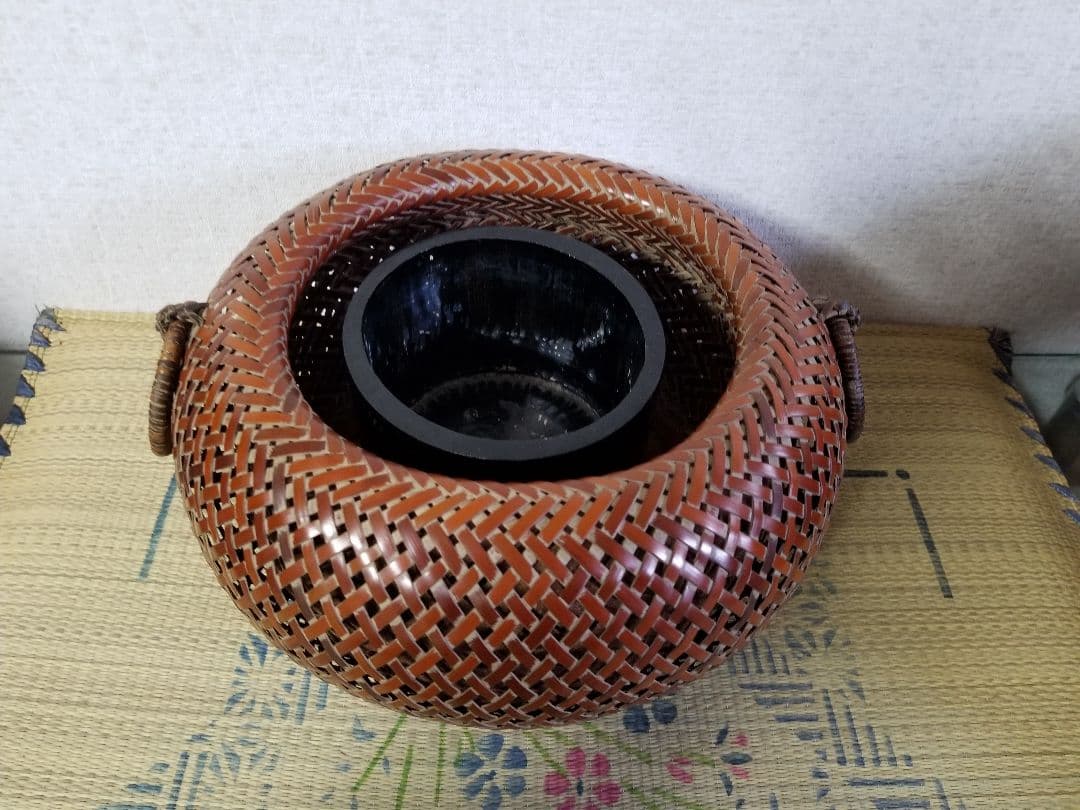 伝統　竹細工　穂英斉　作　燻竹　両耳円形取手付　花籠