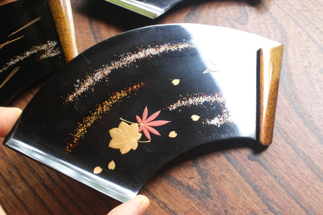 極上草花蒔絵の映える扇面銘々皿5点揃（検輪島塗銘々皿菓子皿茶道具