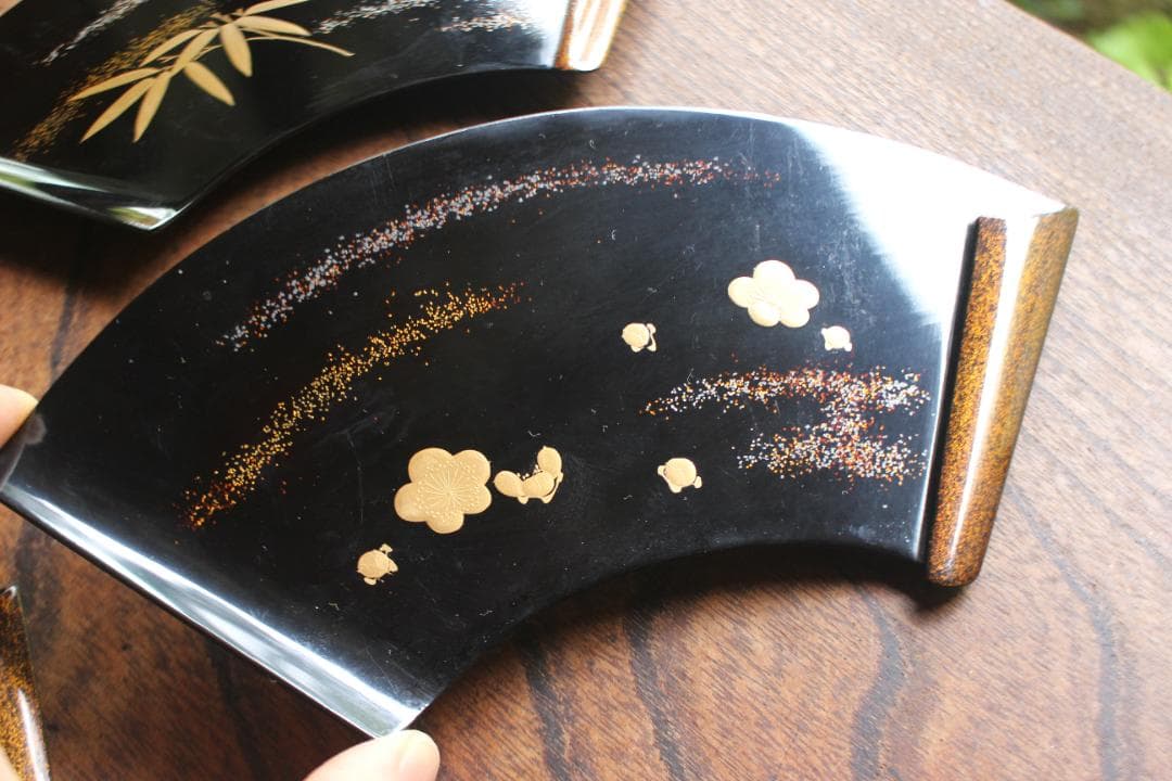 極上草花蒔絵の映える扇面銘々皿5点揃（検輪島塗銘々皿菓子皿茶道具
