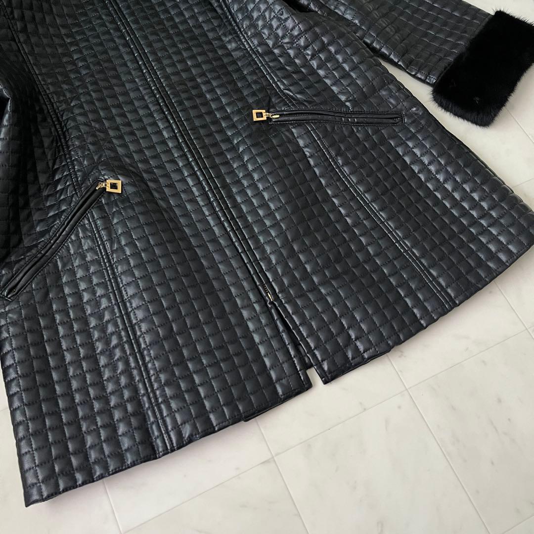 美品♡レオナール キルティング レザージャケット コート 裏地花柄 ファー 11