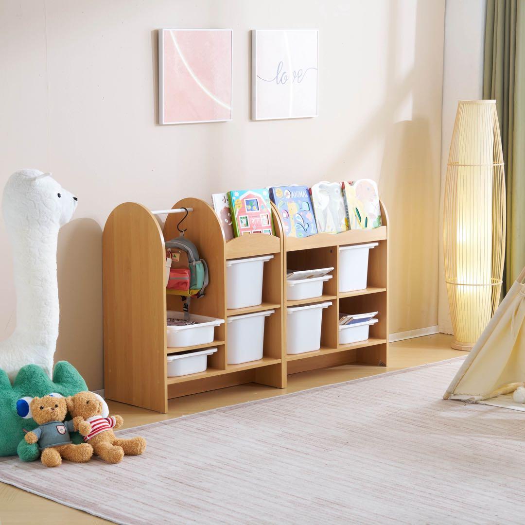 おもちゃ収納ラックハンガーバー付き 子ども用家具 木製 収納ケースワイドタイプ