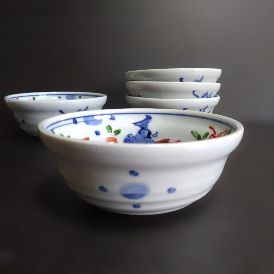 新品 有田焼 孔明窯 小鉢5個　お祝い　赤絵　鳥　花