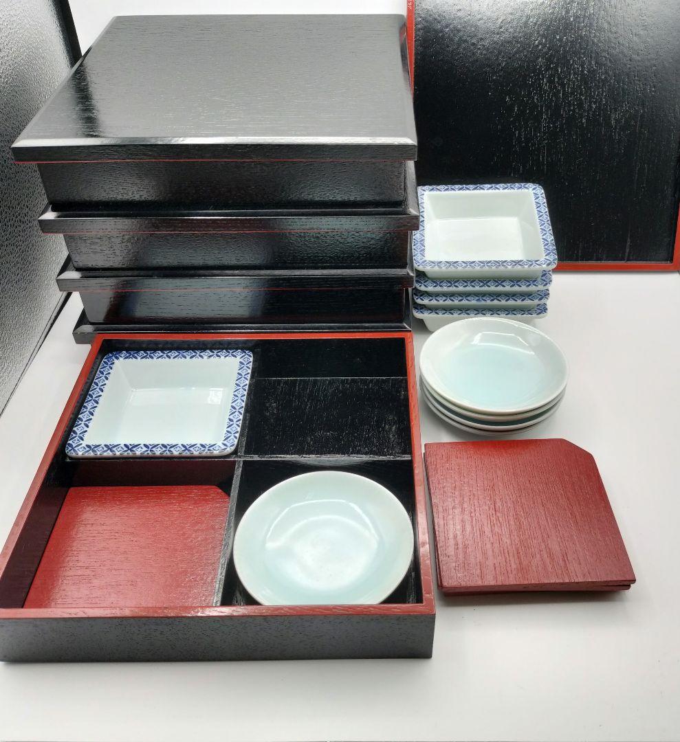 a93　松花堂弁当　柿合　黒塗　５客　内皿2種類付　茶道　懐石　松華堂