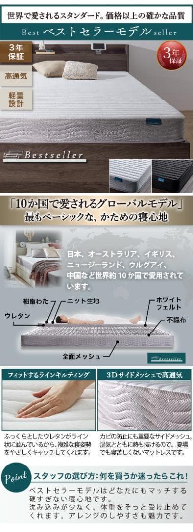 【mm】ダブルベッド 収納 棚 2口コンセント マットレス付W