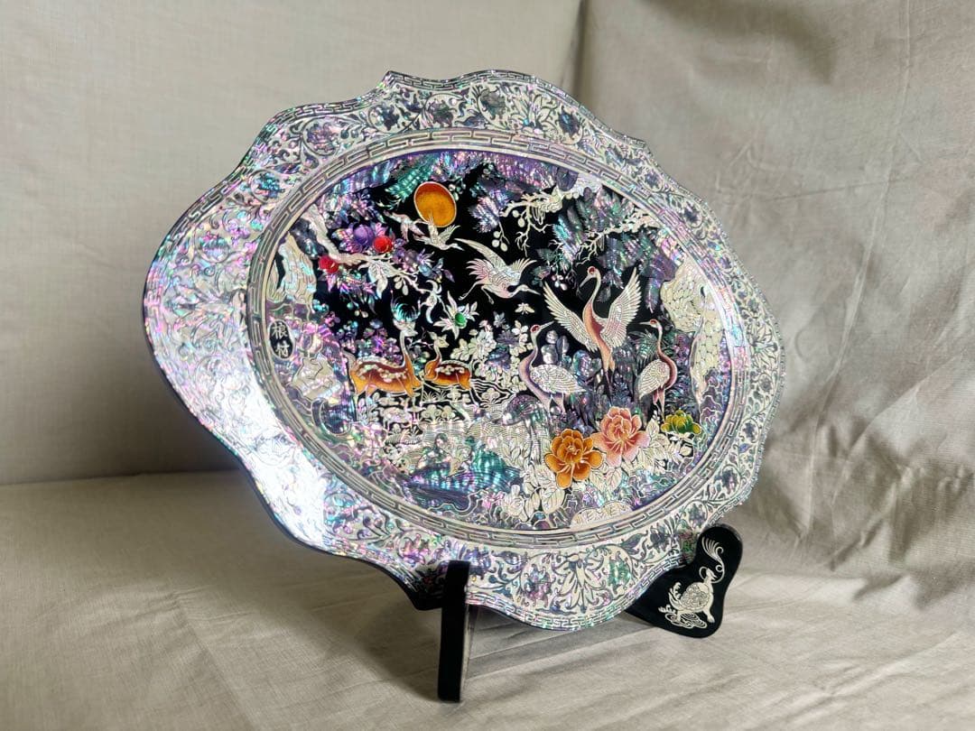 韓国製 螺鈿細工 飾り皿 桹材 金榮萬作 置物 シェル 工芸品 貝細工 トレー