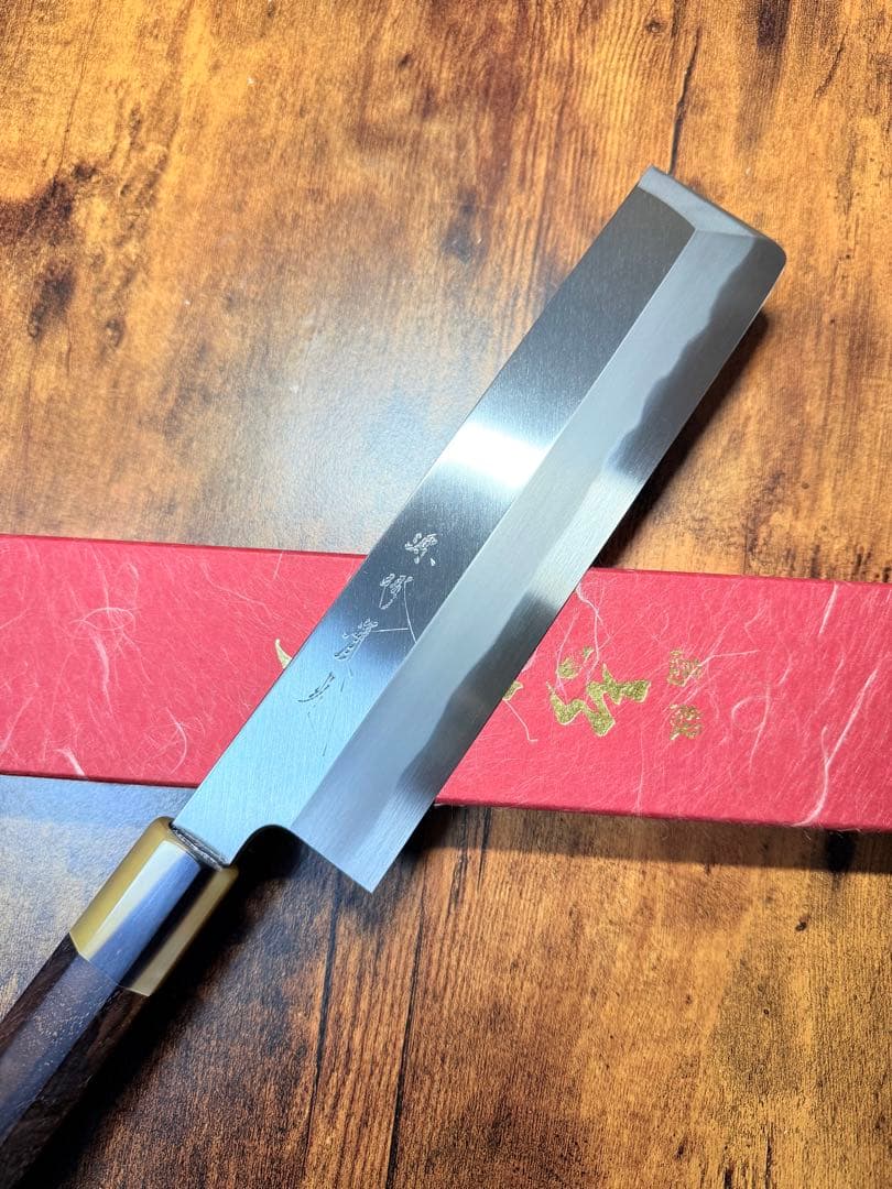 【堺刃物】　薄刃　包丁　7.5寸　青鋼　紋鍛　紫檀水牛八角柄