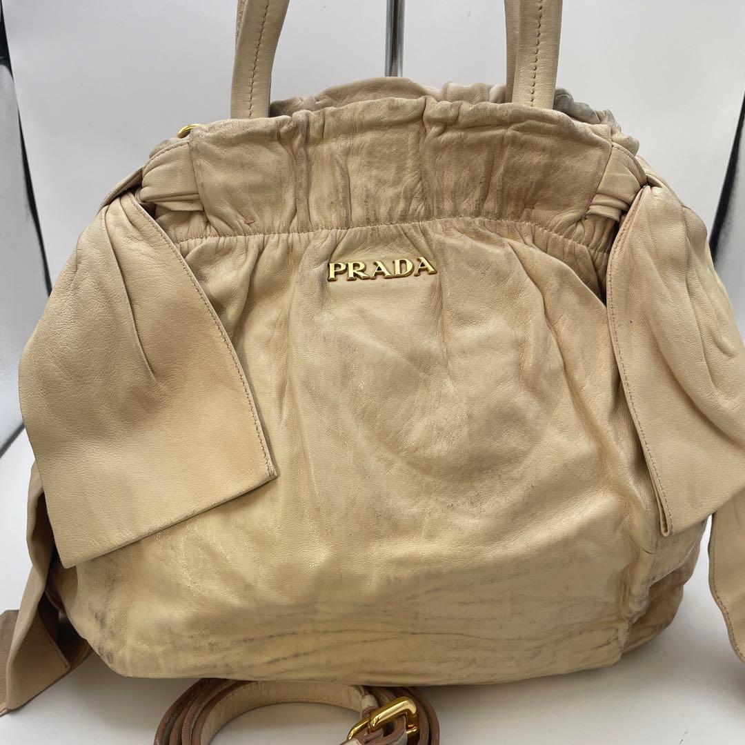 ジャンク特価✨ プラダ ナッパレザー サイドリボン トートバッグ ベージュ