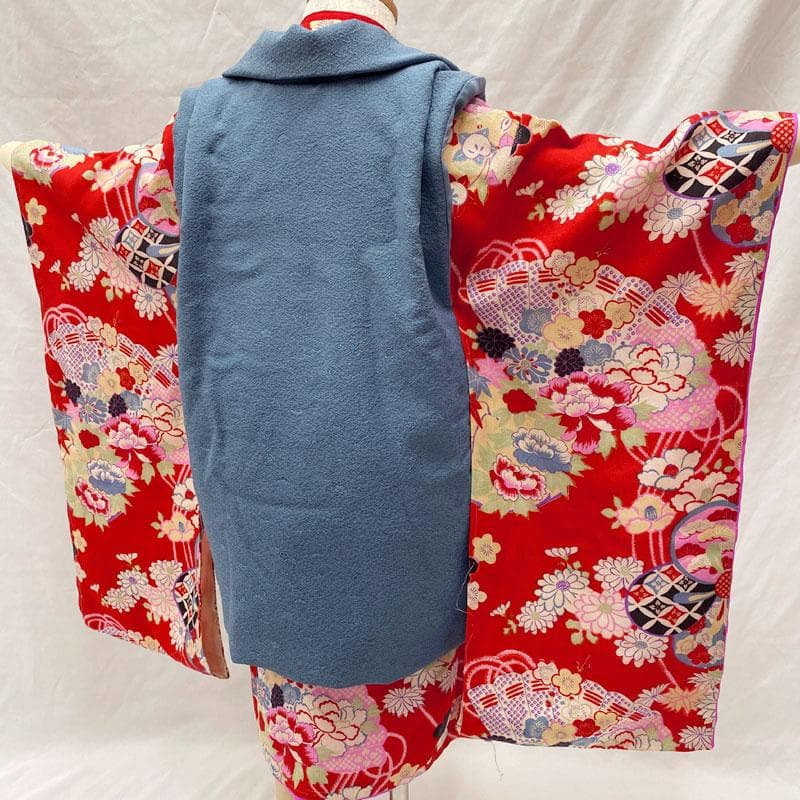 508ag78◎七五三 三歳 女の子 アンティーク着物&被布 レトロ 扇 赤◎
