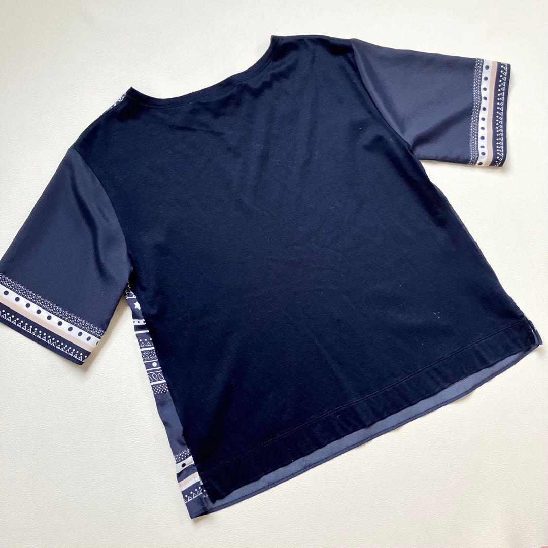 ◆美品◆MORABITO◆スカーフ柄風半袖ブラウス◆Tシャツ◆濃紺ネイビー◆M