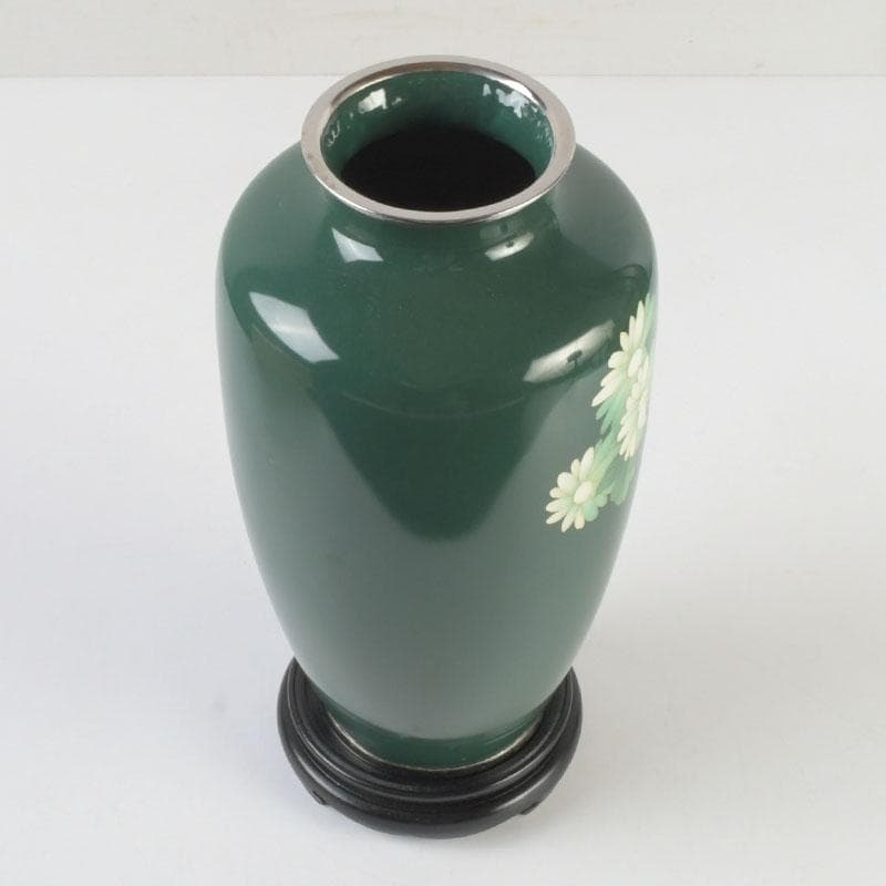 七宝焼　相互七宝謹製　緑釉　花文　花瓶　唐木台付　共箱　V　9837A