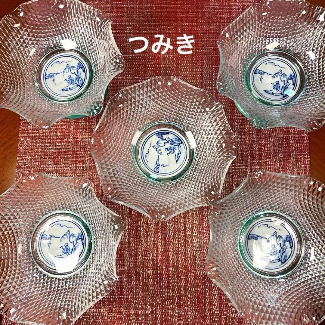 ー美濃焼ー 【未使用】 龍峰窯 緑交趾 花風流 つみき 祥瑞ガラスデザート鉢揃