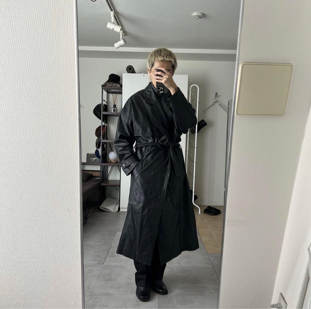 ブラック レザー ダブルブレストコート