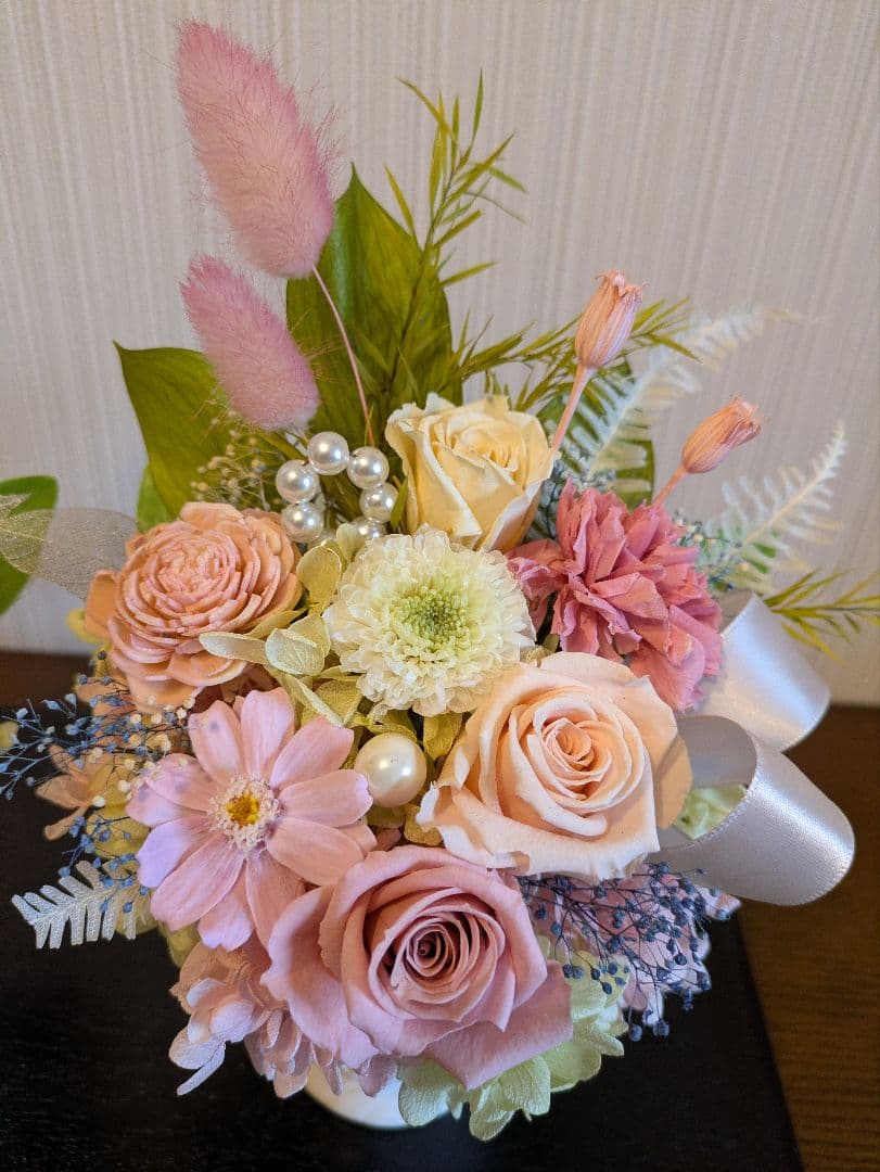 プリザーブドフラワー❁仏花❁　❁お供えの花❁　ピンク系　花器付一対