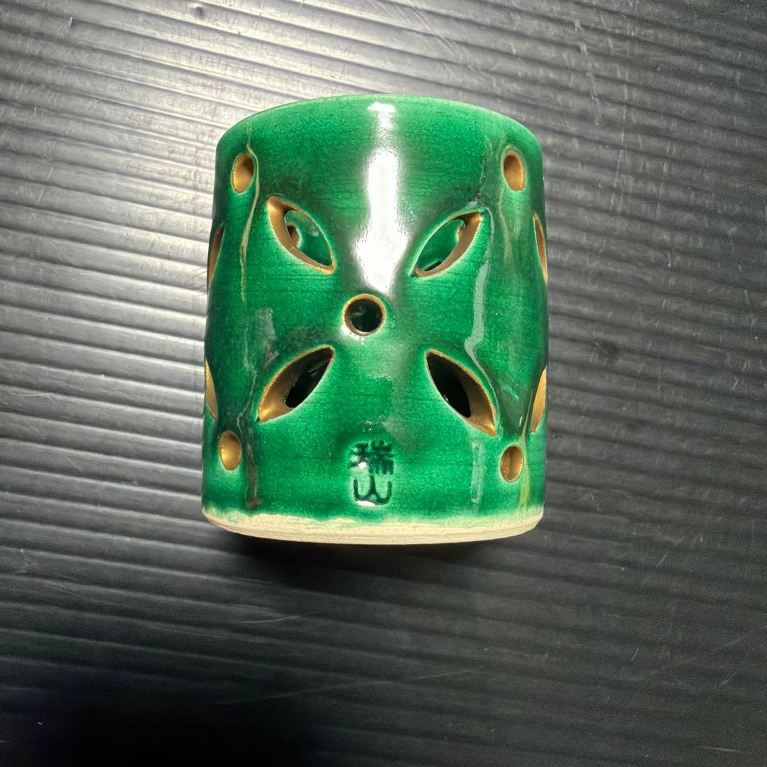 萬古焼 加賀瑞山造 青釉七宝透蓋置 茶道具 透かし彫り緑色陶器セット