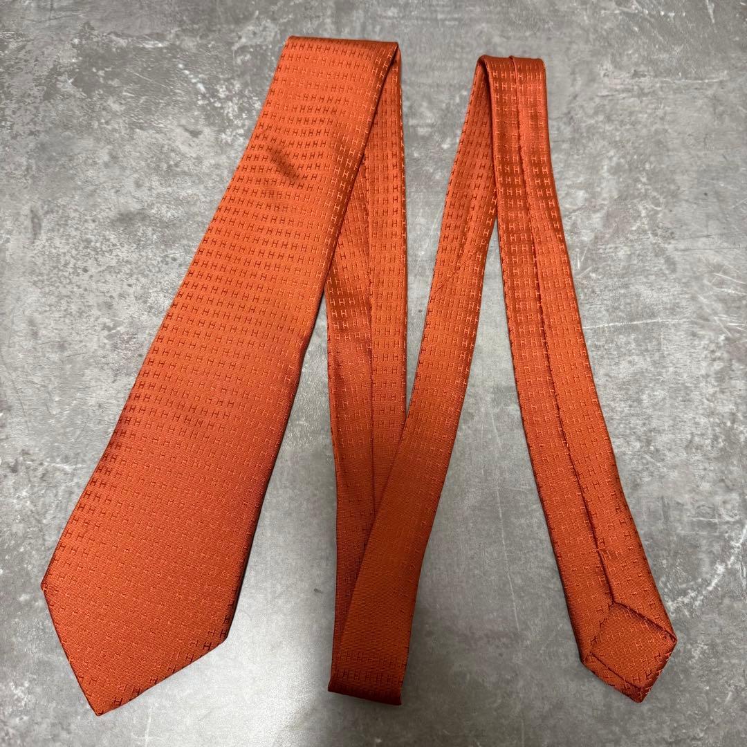 HERMES エルメス ネクタイ オレンジ ファソネ H柄 定番 王道 光沢