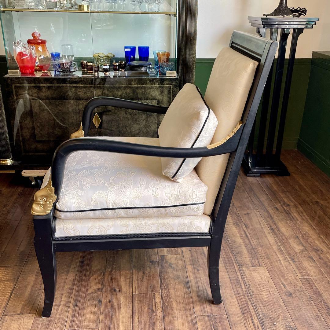 r142 Ethan Allen フランス帝国様式の黒漆ゴールド アームチェア