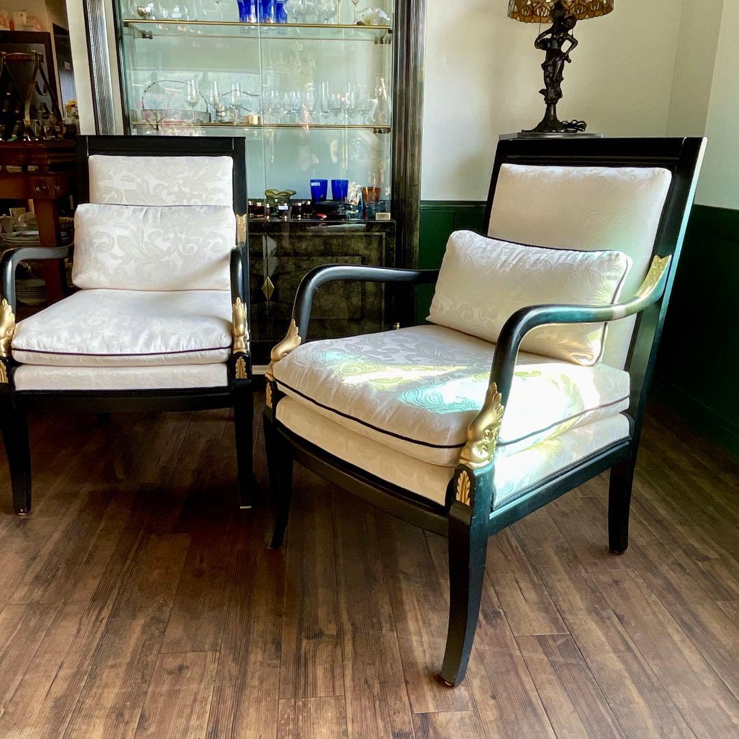 r142 Ethan Allen フランス帝国様式の黒漆ゴールド アームチェア