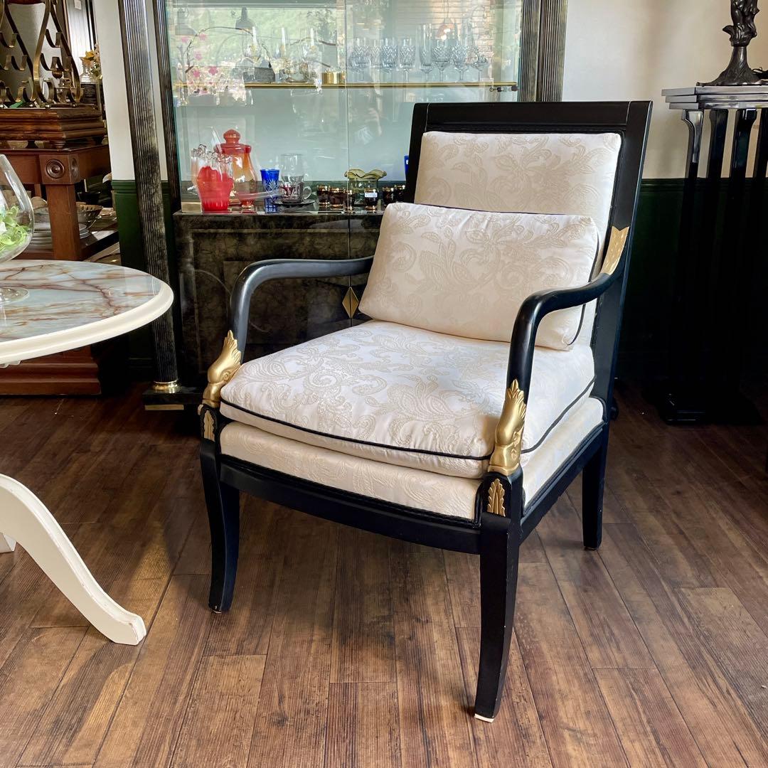 r142 Ethan Allen フランス帝国様式の黒漆ゴールド アームチェア