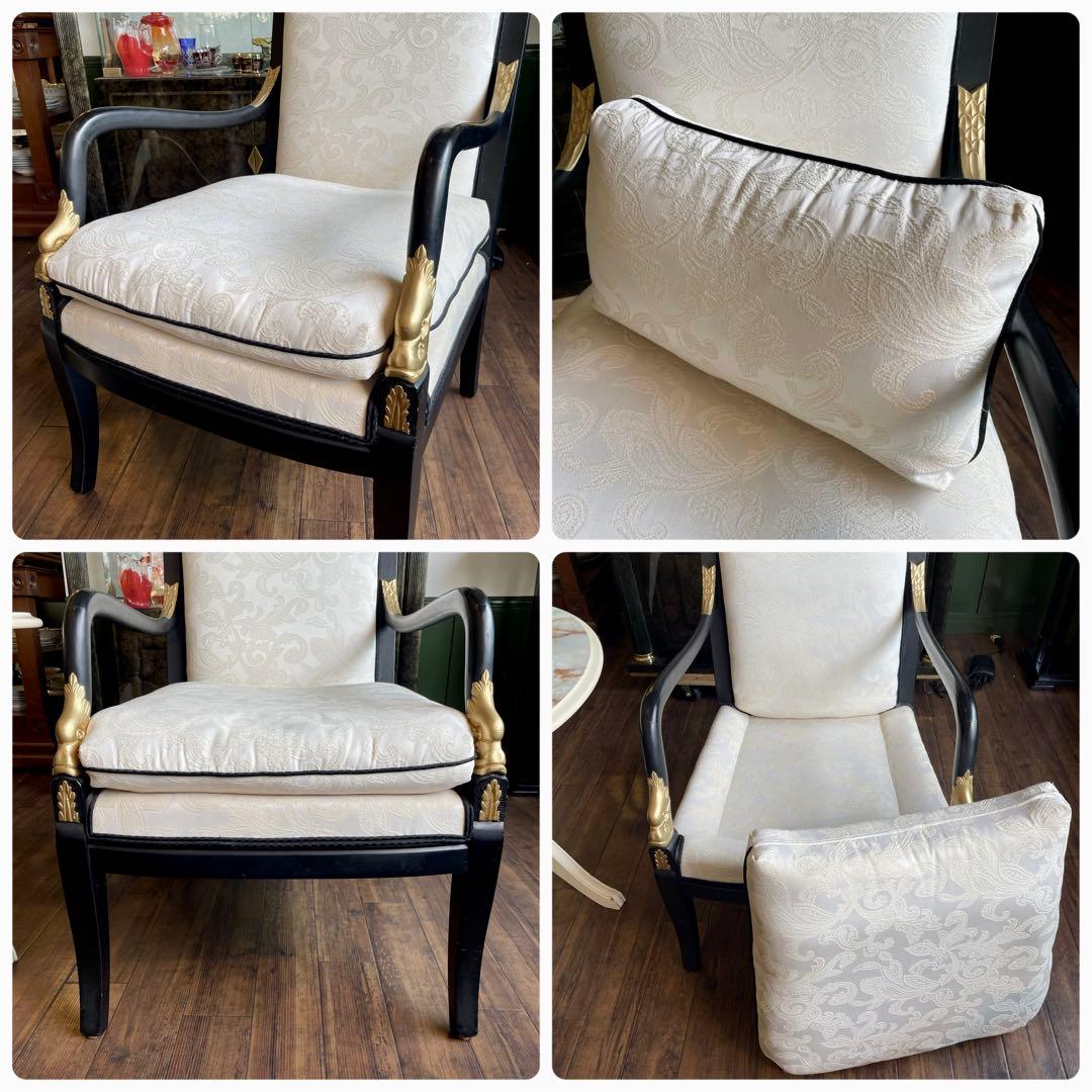 r142 Ethan Allen フランス帝国様式の黒漆ゴールド アームチェア