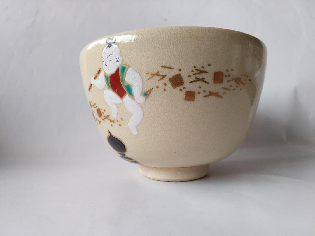 京焼 通次阿山 作 抹茶碗 『 仁清写 五条大橋 』共箱 茶碗 茶道具 美品