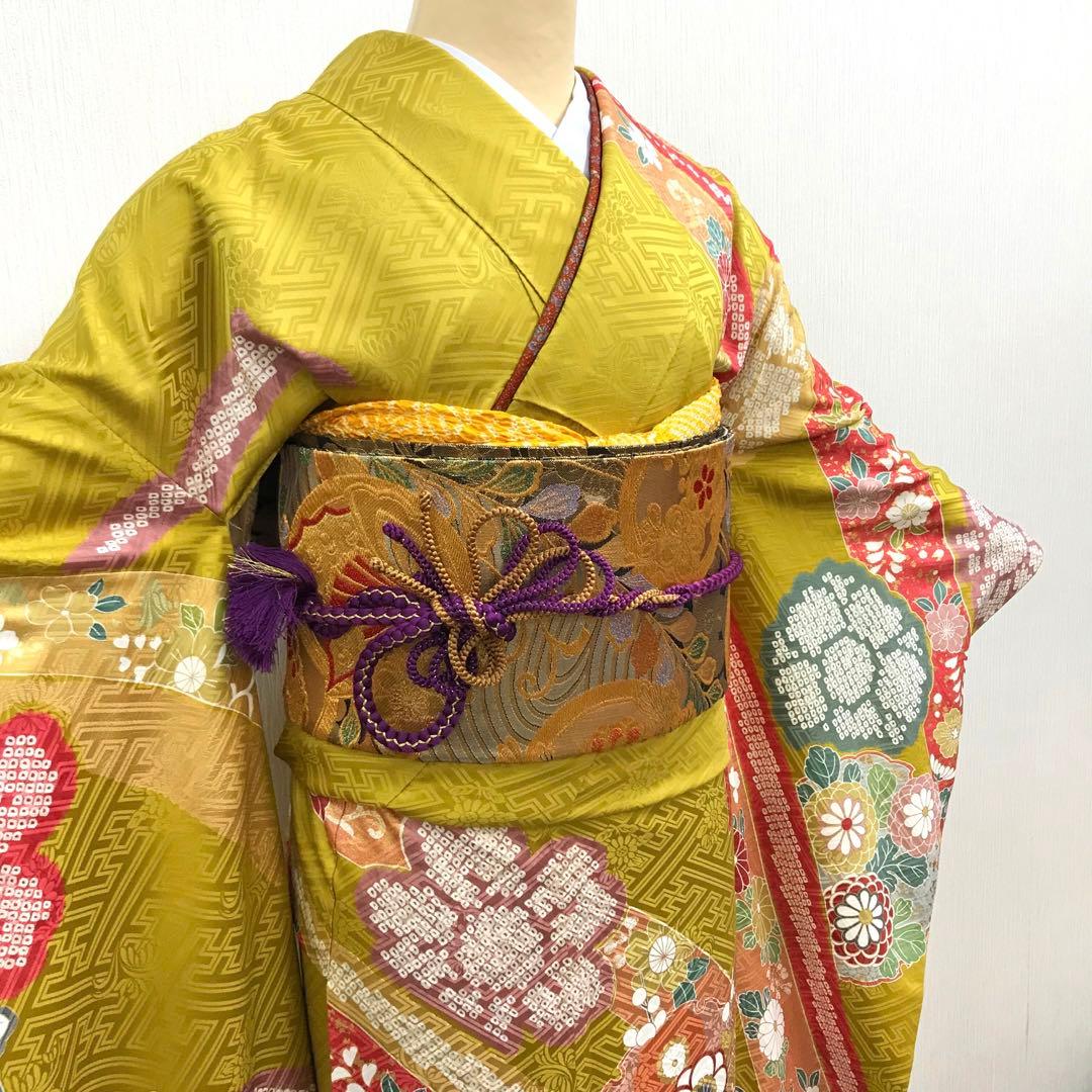 梅乃【102】正絹　振袖　古典　フルセット　三越　大人　熨斗に花丸紋