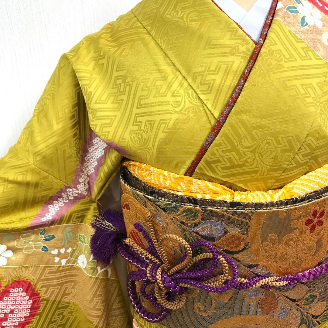 梅乃【102】正絹　振袖　古典　フルセット　三越　大人　熨斗に花丸紋
