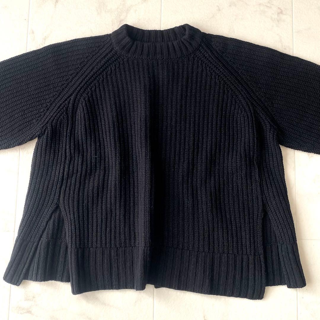 美品☆アドーア ウール あぜ編み クルーネックニット 裾スリット ゆったり 黒