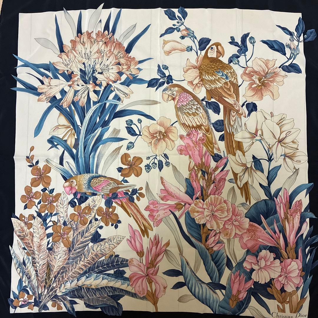 Christian Dior シルク　スカーフ 大判　総柄　花柄　鳥　イタリア製