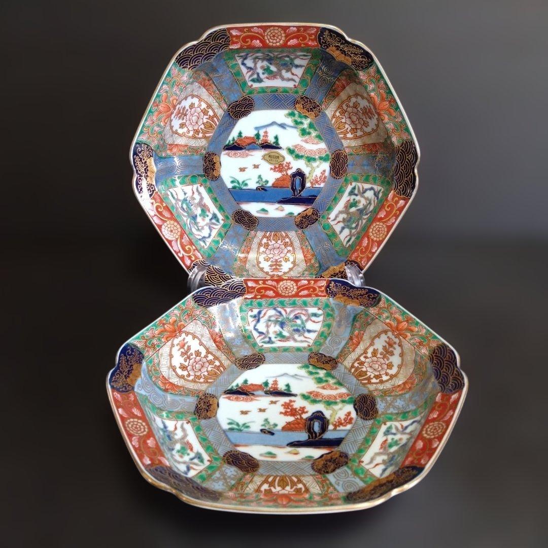 新品未使用 有田焼 幸楽窯 錦絵山水 六角深皿2枚　お祝い