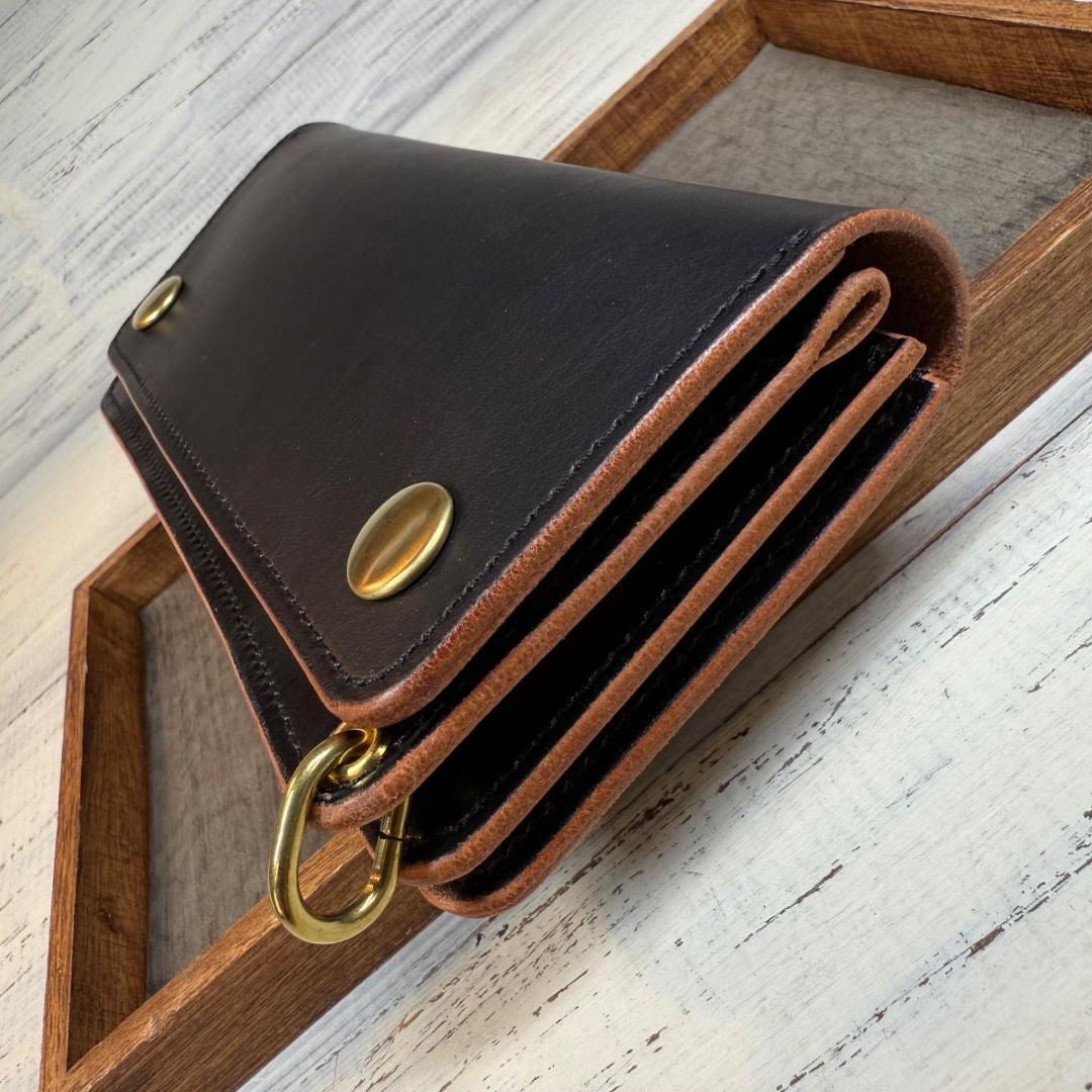 【トラッカーウォレット ロング 3層】 ブラック 茶芯 ゴールド YKK