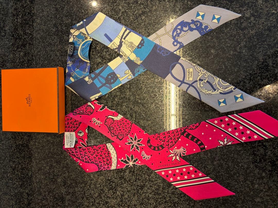 HERMES ツイリー 2本セット スカーフ エルメス オレンジ箱付き 美品