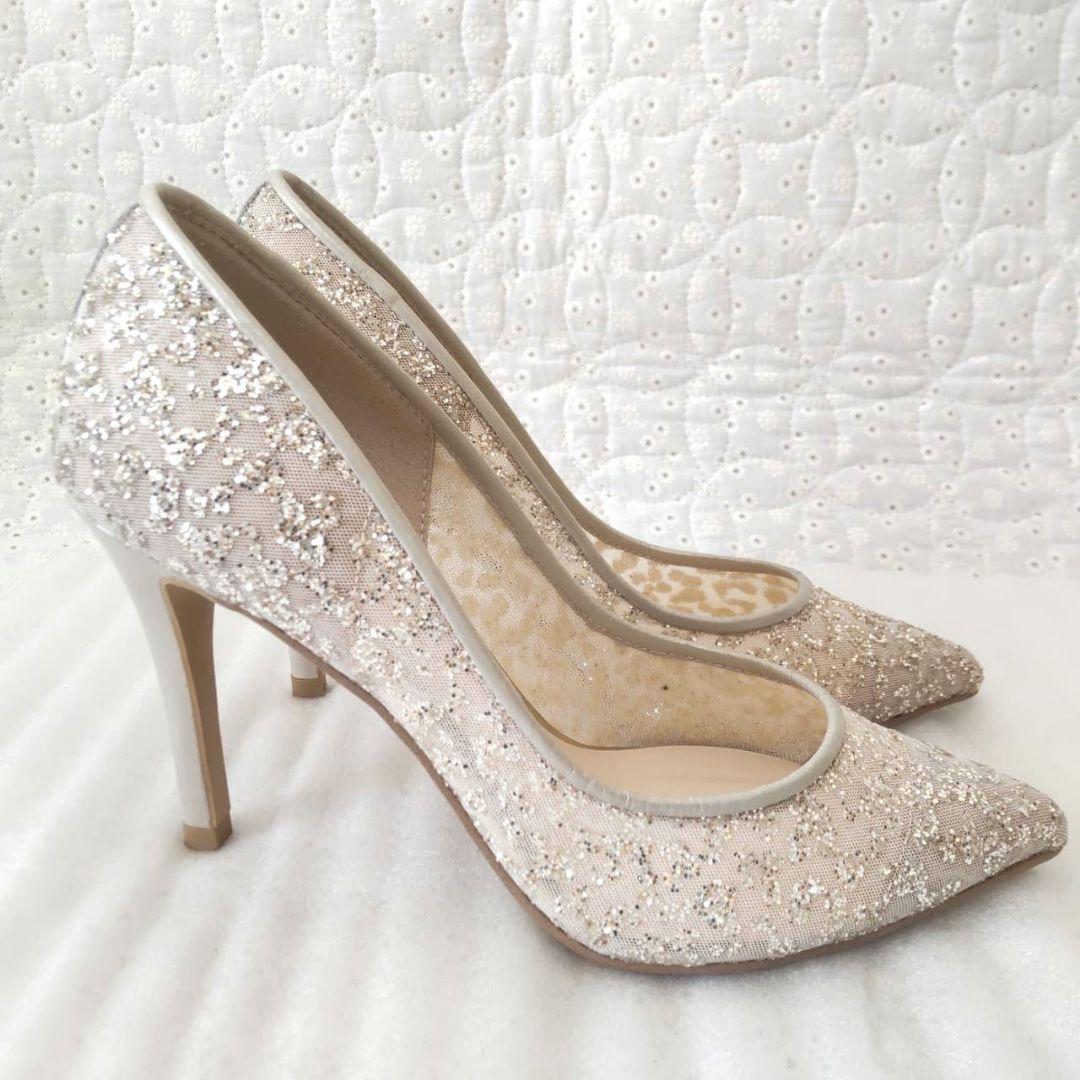 美品✨DIANA グリッターチュールハイヒール プラチナ ウェディング 22.5