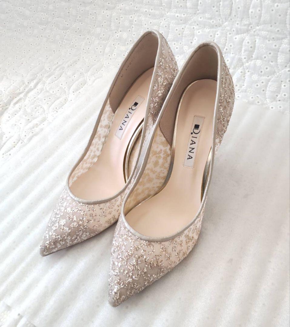 美品✨DIANA グリッターチュールハイヒール プラチナ ウェディング 22.5
