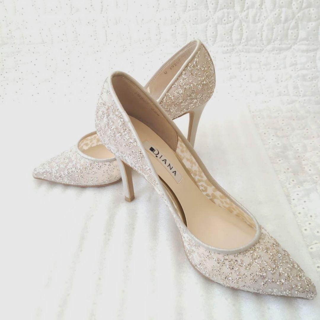 美品✨DIANA グリッターチュールハイヒール プラチナ ウェディング 22.5