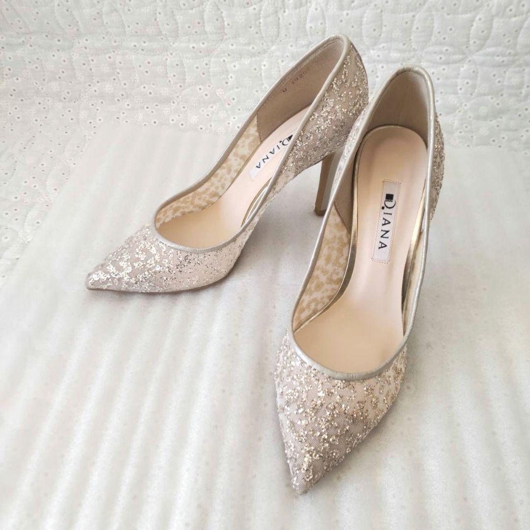 美品✨DIANA グリッターチュールハイヒール プラチナ ウェディング 22.5