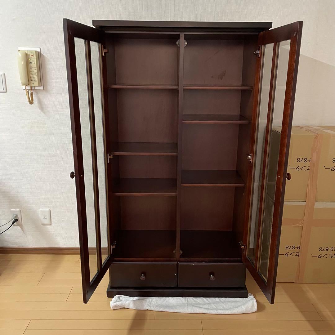 本棚 木製 ガラス扉付き キャビネット　84×42×150cmダークブラウン