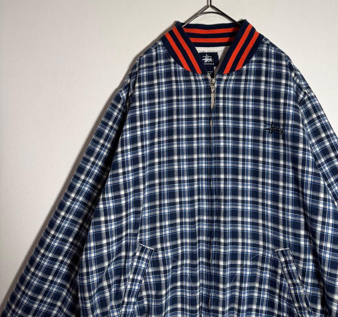 STUSSY ステューシー　刺繍ロゴ　チェック柄　リブライン　ブルゾン