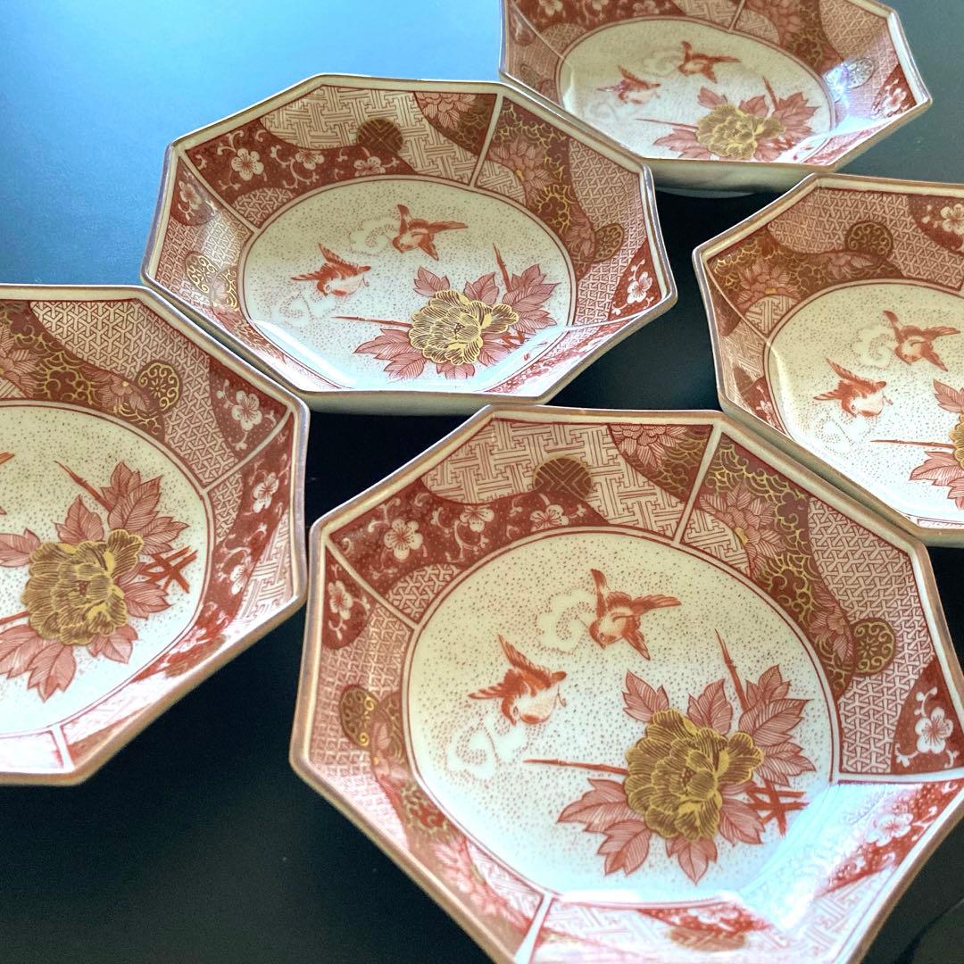 【美品】九谷焼　光山窯　赤絵　金彩　八角皿　銘々皿　12cm ５枚セット