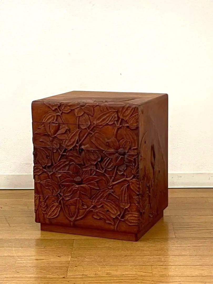 木製 花 彫刻 5段 小引き出し 小箪笥 ミニチェスト 金助作