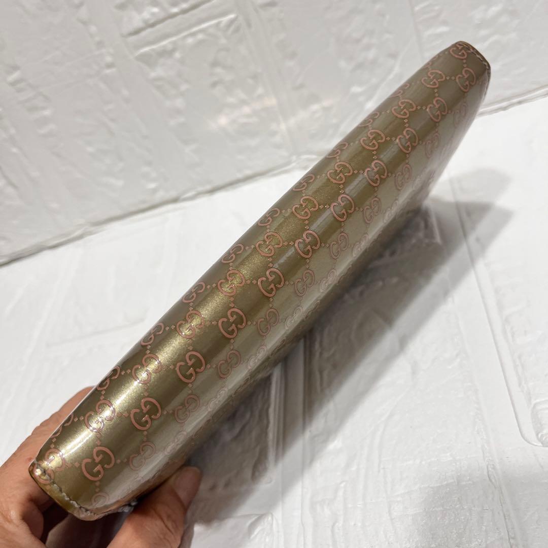 美品✨GUCCI レアカラー　マイクロシマ　GG柄 メタリックカーキ　エナメル