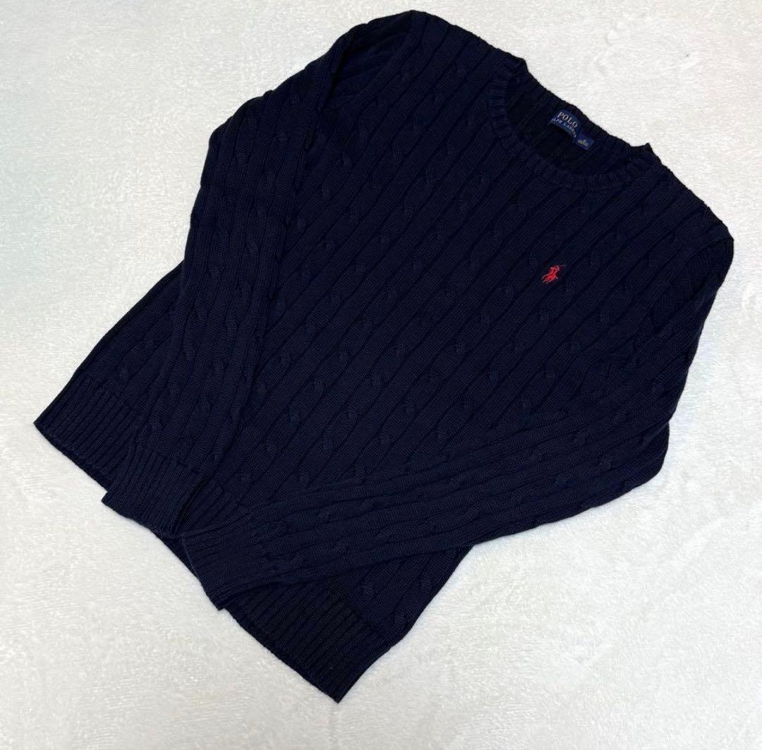 ❤️ラルフローレン大人気クルーネックケーブルニットセーター現行品ネイビー×レッドM