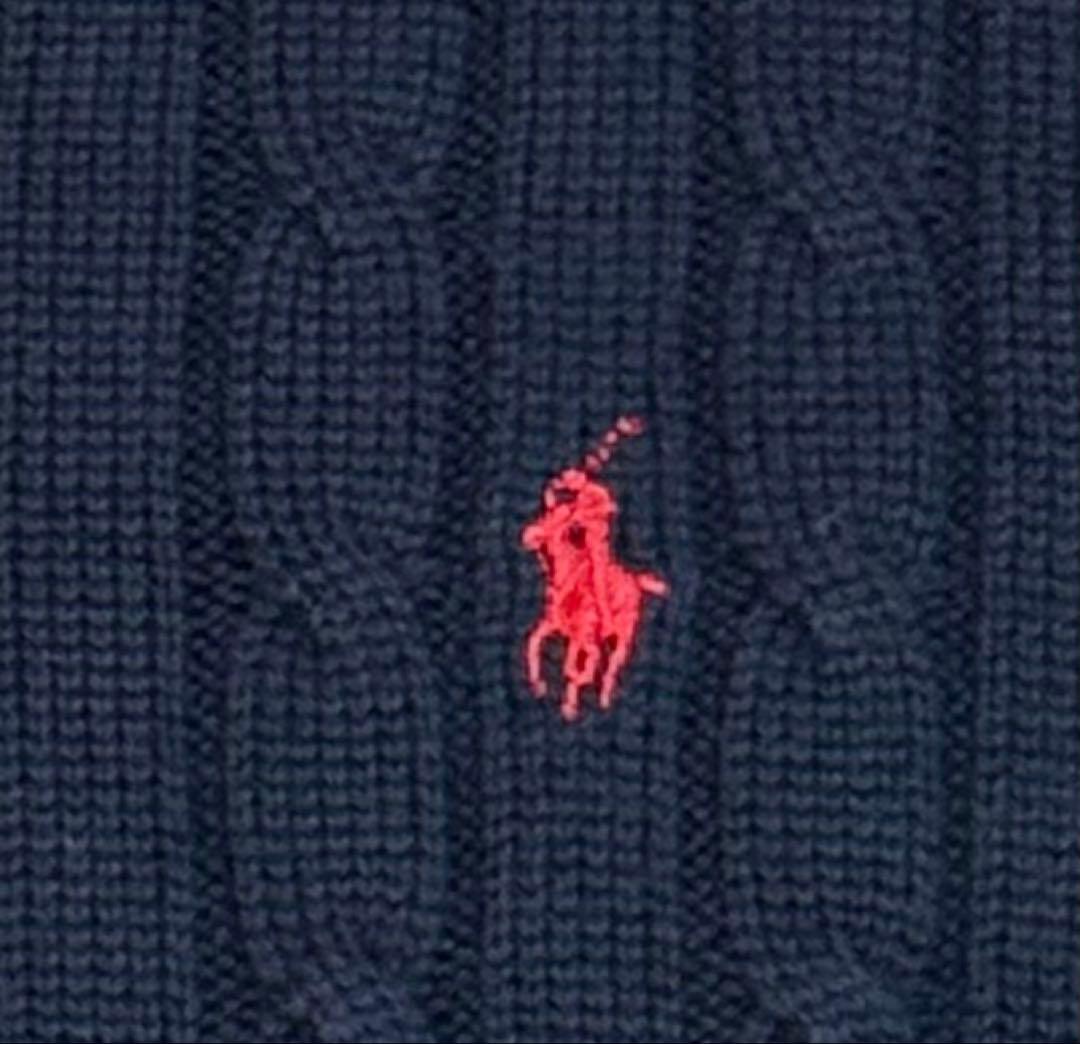 ❤️ラルフローレン大人気クルーネックケーブルニットセーター現行品ネイビー×レッドM