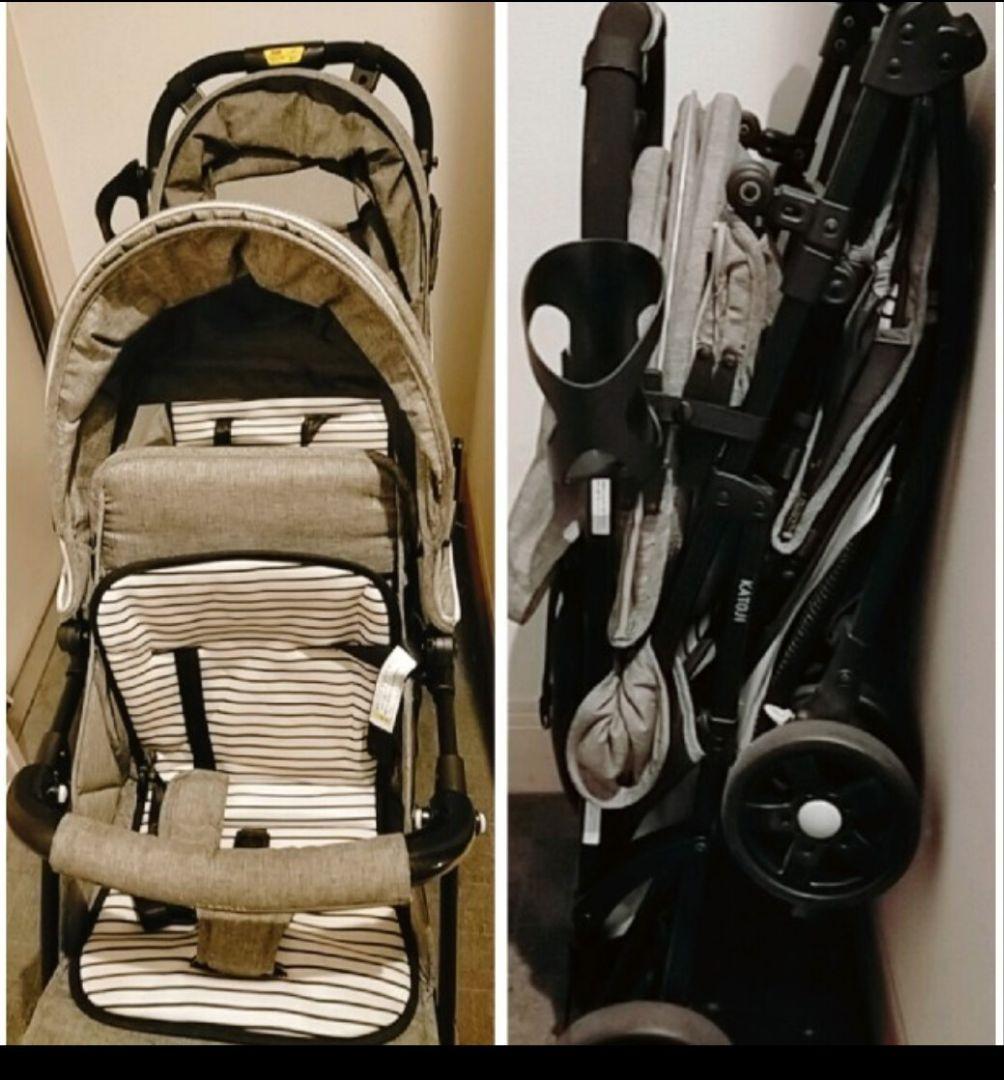 2人乗り　KATOJI ベビーカー グレー ストライプ