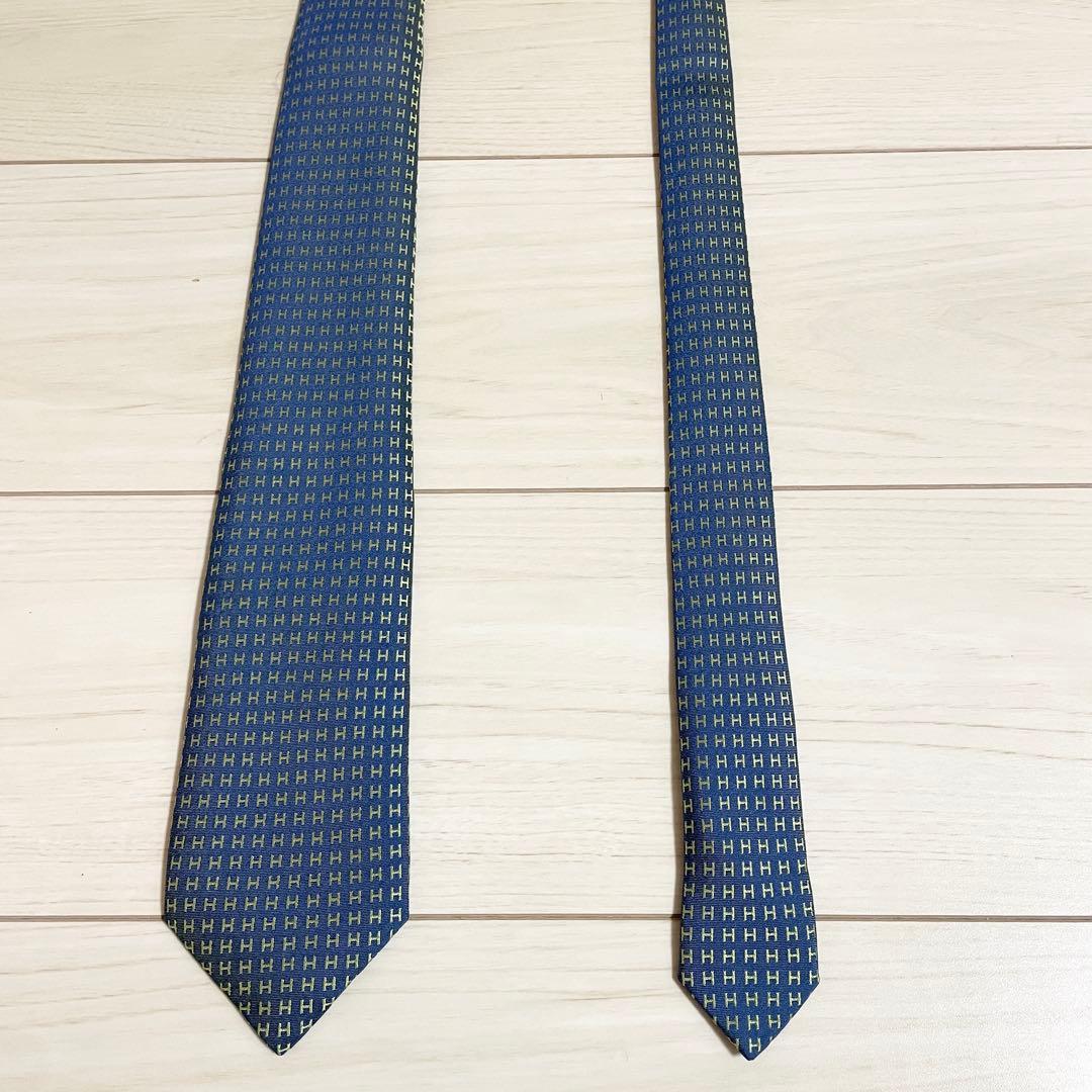 HERMES　エルメス　ネクタイ　ファソネ　総H柄 H織　ブルー　グリーン　青